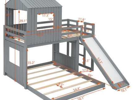 Loft Bunk Bed With Playhouse, Farmhouse, Ladder, Slide And Guardrails