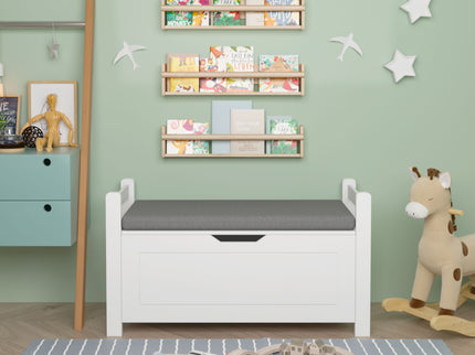 Kids Toy Box Chest Storage Cabinet With Cushion Seat Bench Flip Top Lid Safety Hinge - White
