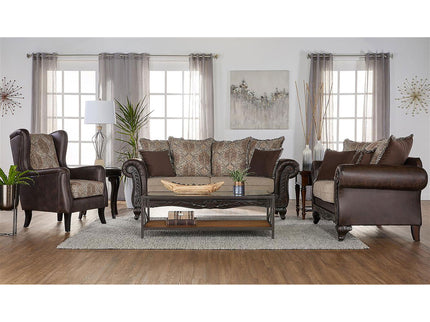Brookridge - Rolled Arm Sofa With Ornate Details And Mixed Upholstery - Brown