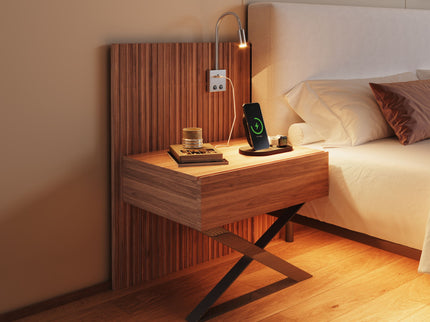 Floating King Size Bed With Integrated Side Tables And Smart Lighting - Beige Gray / White