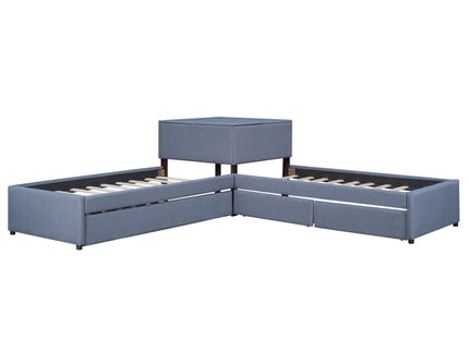 L Shaped Upholstered Platform Bed With Trundle And 2 Drawers Linked With Built In Desk