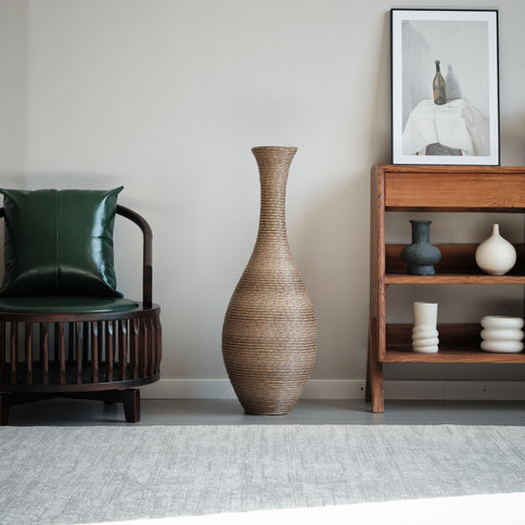 Tall Artificial Rattan Floor Vase In Elegant Statement Piece For Living Room Decor, Entryway, Or Hallway Versatile Home Accent For Dried Or Silk Floral Arrangements - Beige / Gray
