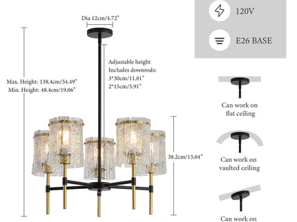 5 Light Chandelier, Textured Glass Pendant Light, (Not Including The Bulb) For Living Room - Black / Gold