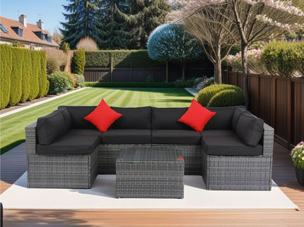 5 Pieces Rattan Sectional Outdoor Furniture Cushioned U Sof Set With 2 Pillow - Gray / Black