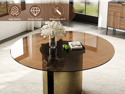 Round Dining Table With Glass Top, Kitchen And Living Room Furniture - Brown