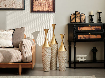 Floor Metal Vase Modern Style Decoration Home Woven Pattern Metal Vase 3 Piece Set Gorgeous Home Decoration Large Glazed Metal Vase - Champagne