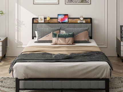 Bed With Charging Station, American Design Upholstered Headboard, Metal Platform