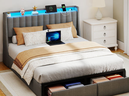 Upholstered Platform Bed Frame With RGB LED Lights, Charging Station & 2 Underbed Drawers