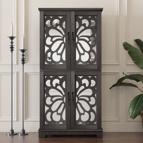 Modern Sideboard Buffet With 4 Mirrored Doors, Adjustable Shelves