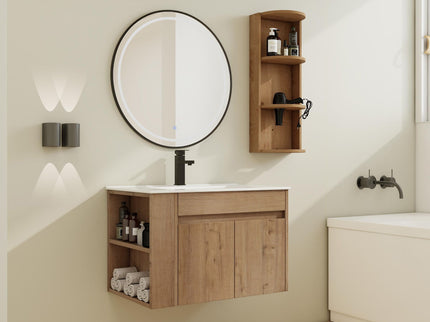 Modern Wall Mounted Bathroom Vanity With Sink And Storage Rack Soft Close Doors Plywood - Imitative Oak