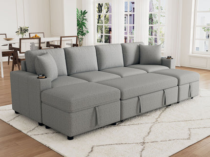 Sectional Sofa Convertible Pull-Out Bed With Storage Ottoman & USB Ports