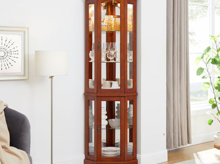 Corner Curio Cabinet With Lights, Adjustable Tempered Glass Shelves, Mirrored Back, Display Cabinet (E26 Light Bulb Not Included) - Walnut