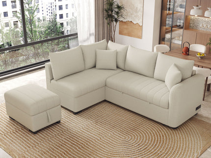 L-Shaped Sectional Pull Out Sofa Bed Sleeper Sofa With Two USB Ports, Two Power Sockets And A Movable Storage Ottoman