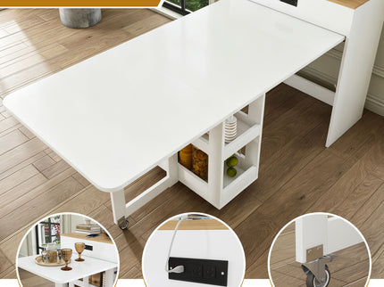Extendable Dining Table With Power Socket, Lockable Casters, Storage Cabinet