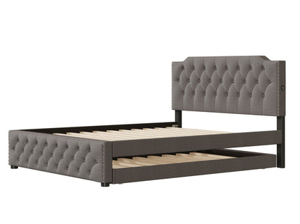 Upholstered Platform Bed With Trundle And 2 Sets Of USB Ports On Each Side, Fabric