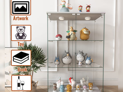 Modern Display Cabinet With LED Lights, Transparent Tempered Glass 2 Door Storage Case With 3 Shelves