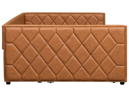 Upholstered Full Long Daybed With Trundle And LED Armrests - Brown