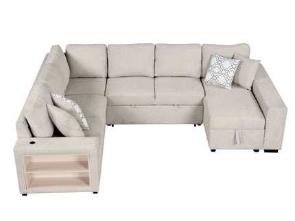 U-Shaped Sectional Sofa Pull-Out Sofa Bed With Two USB Ports, A Storage Chaise Lounge And Four Back Pillows For Living Room