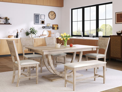 Topmax - 6 Piece Wood Half Round Dining Table Set Kitchen Table Set With Long Bench And 4 Dining Chairs, Modern Style