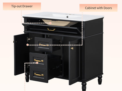 Bathroom Vanity With Sink, Flip-Out Top Drawer, Soft Close Doors, 2 Storage Drawers