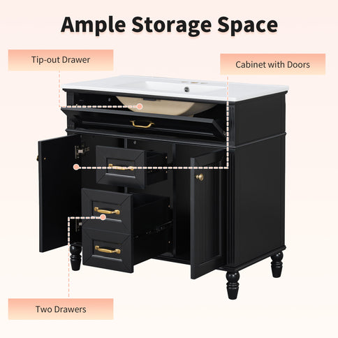 Bathroom Vanity With Sink, Flip-Out Top Drawer, Soft Close Doors, 2 Storage Drawers
