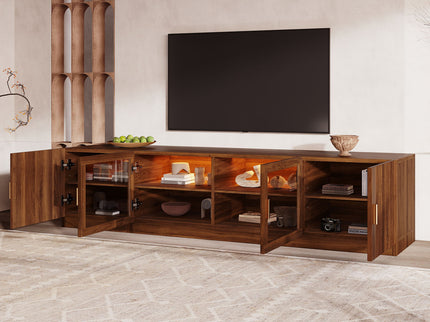 TV Stand, Media Console With Glass Doors And LED Lights, Adjustable Shelf Storage - Walnut