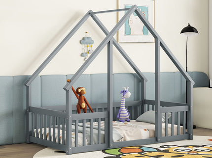 Wood House-Shaped Floor Bed With Fence, Guardrails