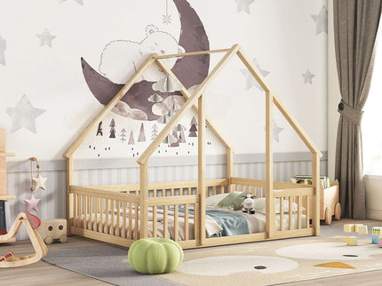 Wood House-Shaped Floor Bed With Fence, Guardrails