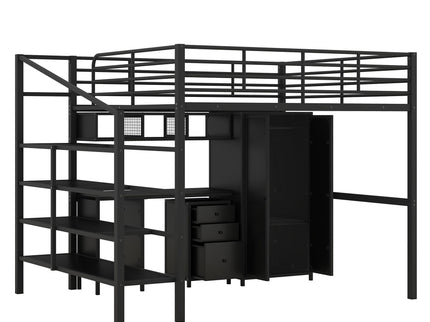 Full Size Loft Bed With Desk Set And Wardrobe - Black