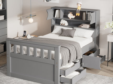Captain Platform Bed Frame With Storage Bookcases, Shelves, And 4 Drawers
