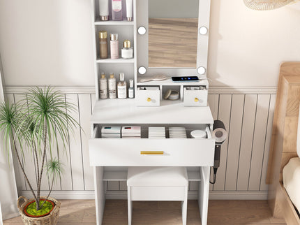 Vanity Table With Mirror, Adjustable LED Lights, Power Outlet, Hairdryer Holder & Stool