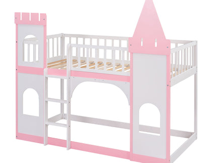 Twin Over Twin Castle Bunk Bed With Ladder - Pink