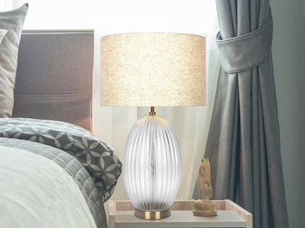 Aurora - Ribbed Lamp Base Clear Table Lamp Large Linen Shade - Beige / Clear / Gold
