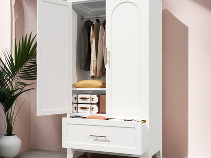 Wardrobe Cabinet With 1 Drawer And Hanging Rod, 2 Doors Closet With Shelf For Bedroom - White
