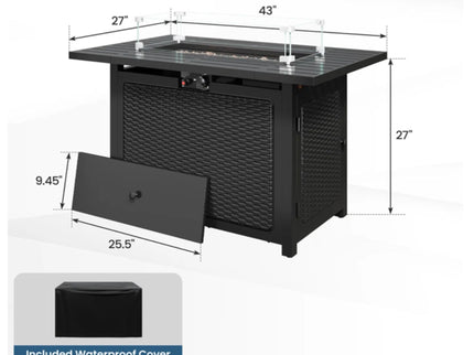 Outdoor 2 In 1 Propane Fire Pit Table With Lid & Glass Shield, Rectangular Fire Table, Lava Rock & Cover - Black