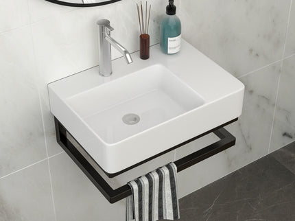 Wall Mounted Rectangular Bathroom Sink With Towel Bar And Faucet Hole - White
