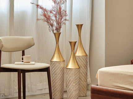 Floor Metal Vase Modern Style Decoration Home Woven Pattern Metal Vase 3 Piece Set Gorgeous Home Decoration Large Glazed Metal Vase - Champagne