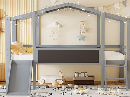 Loft House Bed With Ladder And Slide, With board And Light Strip On The Roof