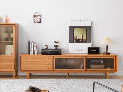 TV Cabinet With Chinese Changhong Glass Doors, Two Drawer Storage Space TV Standing - Cherry