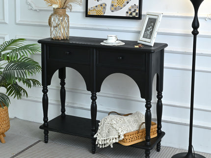 Accent Carved Console Table With Open Shelf And 2 Drawers For Living Room - Black