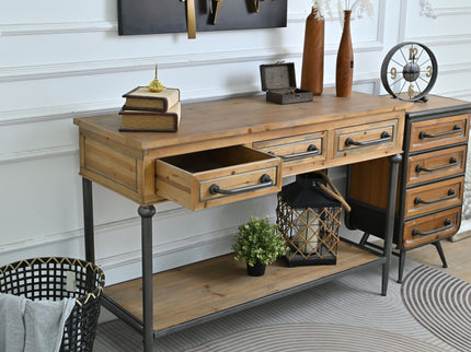 Accent Storage Console Table With Open Shelf And 3 Drawers For Living Room - Natural Wood / Brown