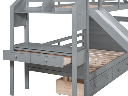 Bunk Bed With Storage Staircase, Slide, Desk, Drawers, And Shelves