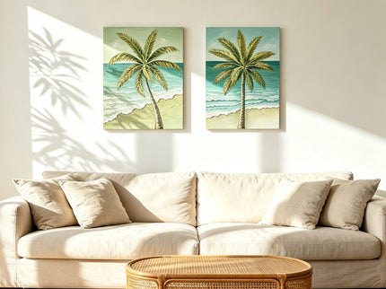 Palm Tree Wall Art, Beach Canvas Painting With Accents, Hand Painted Textured Tropical Decor (Set of 2) - Aqua Blue