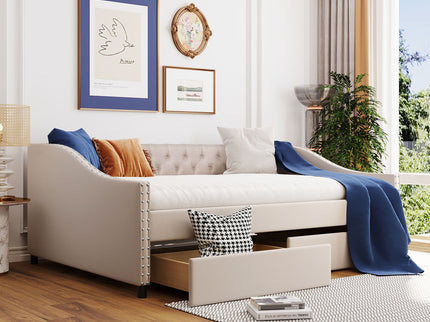 Upholstered Daybed With Two Drawers, Wood Slat Support