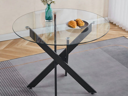 Dining Table With Cross Metal Leg And Tempered Glass, Modern Space Saving Kitchen Table For Living Room