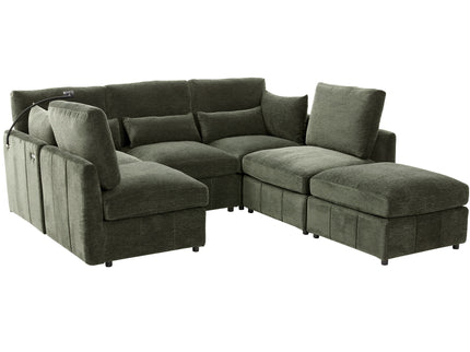 Modern Modular U-Shaped Sofa Bed With Movable Ottoman, USB Ports, Phone Holder
