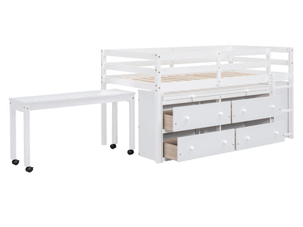 Loft Bed With Retractable Writing Desk And 4 Drawers, With Lateral Portable Desk And Shelves