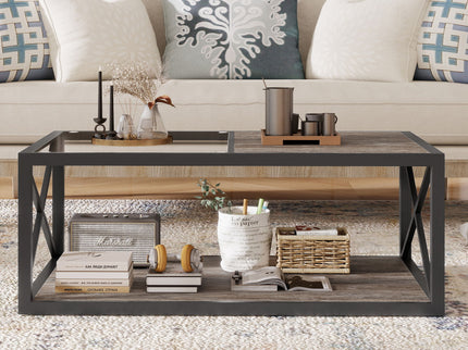 Industrial Style Coffee Table For Bedroom & Living Room With Tempered Glass & Wood Grain - Wood