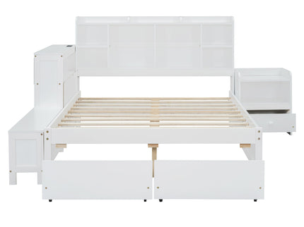 Platform Bed With Multi Functional Storage Space, Nightstand, 2 Drawers, USB Ports And Desk