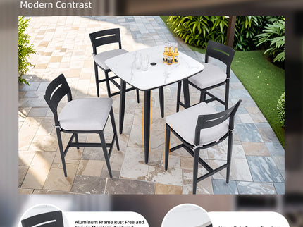 Modern Outdoor Patio Bar Set, Rounded Square Table & Bar Chairs, Non Rust Frame, Tapered Legs, Sunbrella Cushion